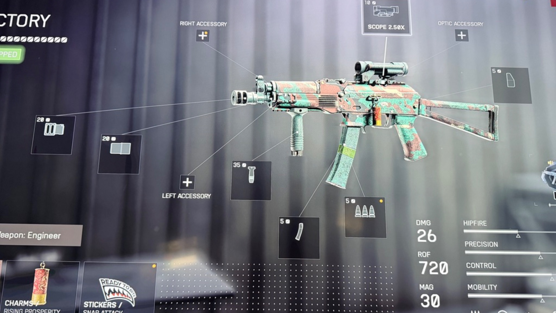 PP-19 submachine gun in teal and brown camo with 2.50x scope